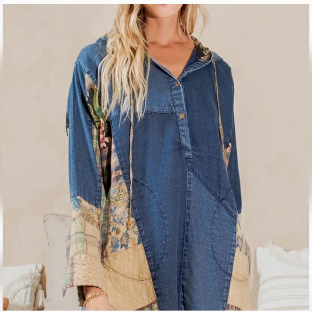 NWT Young Threads Denim Patchwork Hooded Shacket … - image 1